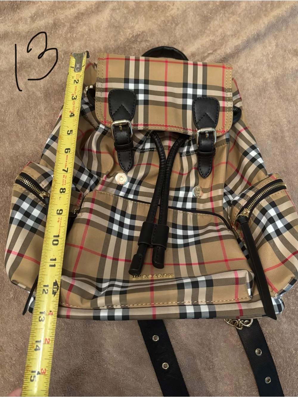 Tan Nova Check Drawstring Backpack with Black Trim - Picture 4 of 10